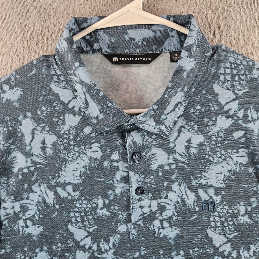 Travis Mathew Mens XL Blue Gray‎ Abstract Floral Pineapple Print Golf Polo Shirt